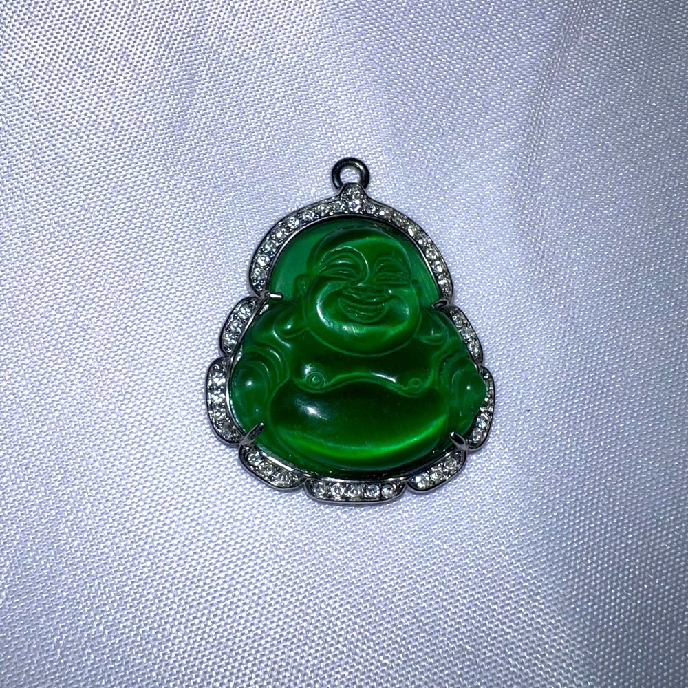 Happy Buddha jade pendant w/crystals & silver trim. Clasp must be reestablished